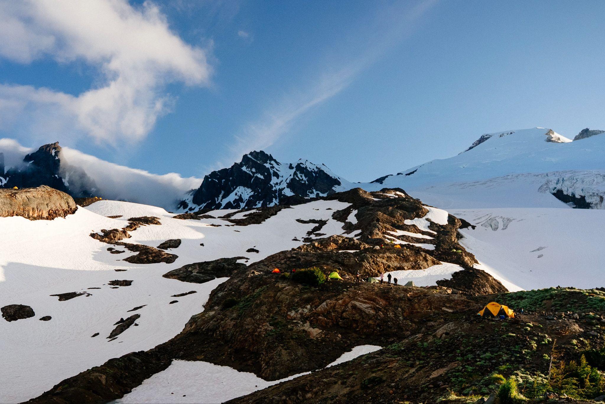 Base camp beneath snow-covered Mount Baker and the Easton Glacier